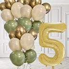 5 Yaş Retro Küf Yeşili Krom Gold Kum Beji Balon Seti Gold Rakam Doğum Günü Balonu Şık Parti Süsleme