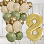 8 Yaş Retro Küf Yeşili Krom Gold Kum Beji Balon Seti Gold Rakam Doğum Günü Balonu Şık Parti Süsleme