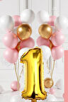 1 Yaş Retro Gold Pembe Beyaz Balon Seti Gold Rakamlı Doğum Günü Balonu Şık Parti Süsleme