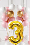 3 Yaş Retro Gold Pembe Beyaz Balon Seti Gold Rakamlı Doğum Günü Balonu Şık Parti Süsleme