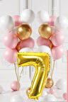 7 Yaş Retro Gold Pembe Beyaz Balon Seti Gold Rakamlı Doğum Günü Balonu Şık Parti Süsleme