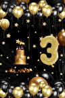 3 Yaş Gold Siyah Balon Seti Gold Rakamlı Doğum Günü Balonu Şık Parti Süsleme