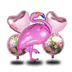 5 li Flamingo Temalı Pembe Folyo Kalpli Set Doğum Günü Süsü Parti Süsü