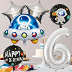 6 Yaş Uzay Temalı Doğum Günü Seti Uzay Folyo Şekiller Gümüş Folyo Rakam