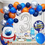 3 Yaş Uzay Temalı Doğum Günü Seti Uzay Mekiği Happy Birthday Yazı Renkli Balonlar Gümüş Folyo Rakam