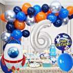6 Yaş Uzay Temalı Doğum Günü Seti Uzay Mekiği Happy Birthday Yazı Renkli Balonlar Gümüş Folyo Rakam