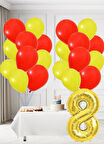 8 Yaş Sarı Kırmızı Taraftar Temalı Doğum Günü Seti Sarı Kırmızı Balonlar Altın Folyo Rakam