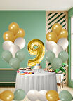 9 Yaş Küf Yeşili Temalı Doğom Günü Seti Metalik Gold Kum Beji Küf Yeşili Balonlar Gold Folyo Rakam