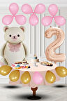 2 Yaş Retro Folyo Krem Ayıcık Pembe Gold Balon Rose Gold Rakam Doğum Günü Süsleme