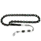 925 Ayar Gümüş Püsküllü Gümüş-Firuze İşlemeli Silindir Kesim Erzurum Oltu Taşı Tesbih