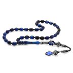 1000 Ayar Gümüş Kazaz Püsküllü Arpa Kesim Mavi-Siyah Sıkma Kehribar Tesbih