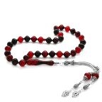 925 Ayar Gümüş Püsküllü İstanbul Kesim Kırmızı-Siyah Ateş Kehribar Tesbih