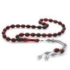 925 Ayar Gümüş Çift Püsküllü Arpa Kesim Kırmızı-Siyah Ateş Kehribar Tesbih