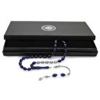 925 Ayar Gümüş Püsküllü Arpa Kesim Gümüş İsim Yazılı Lacivert Sıkma Kehribar Tesbih