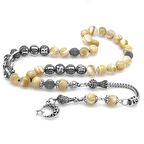 Kararmaz Metal Püsküllü Küre Kesim İsim Yazılı Sarı Sedef Doğaltaş Tesbih