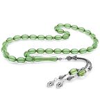 925 Ayar Gümüş Çift Püsküllü Arpa Kesim Su Yeşili Ateş Kehribar Tesbih