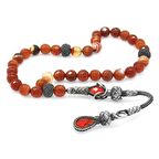 1000 Ayar Gümüş Kazaz Püsküllü Fasetalı Küre Kesim Kırmızı Akik Doğaltaş Tesbih