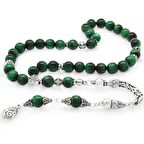 Koleksiyonluk 925 Ayar Gümüş Püsküllü Küre Kesim Yeşil Kaplangözü Doğaltaş Tesbih