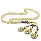 1000 Ayar Sarı-Gri Kazaz Püsküllü Arpa Kesim King Seccer Sarı-Beyaz Hareli Damla Kehribar Tesbih