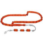 925 Ayar Gümüş Püsküllü Kesme Kesim Kırmızı Ateş Kehribar Tesbih