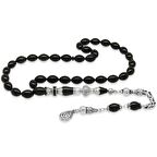 925 Ayar Gümüş Kral Püsküllü Nakkaş İmameli Siyah Sıkma Kehribar Tesbih