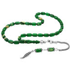 925 Ayar Gümüş Püsküllü Kapsül Kesim Bilek Boy Yeşil-Beyaz Ateş Kehribar Tesbih