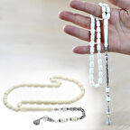 925 Ayar Gümüş Kral Zincir Püsküllü Uçlu Kapsül Kesim Beyaz Renk Deve Kemiği Tesbih