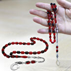 Kararmaz Metal Arnavut Zincir Püsküllü Uçlu Kapsül Kesim Kişiye Özel İsim Yazılı Ayyıldız Plakalı Kırmızı-Siyah Ateş Kehribar Tesbih