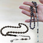 925 Ayar Gümüş Kral Zincir Püsküllü Ekose Motifli Gümüş-Mercan İşlemeli Arpa Kesim Erzurum Oltu Taşı Tesbih