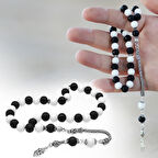 925 Ayar Gümüş Foxtail Zincir Püsküllü Küre Kesim Siyah Beyaz Jade Ayyıldız Oniks Doğaltaş Taraftar Tesbih