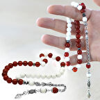 Kararmaz Metal Arnavut Zincir Püsküllü Küre Kesim Kırmızı Beyaz Jade Akik Doğaltaş Taraftar Tesbih M2