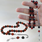 925 Ayar Gümüş Foxtail Zincir Püsküllü Küre Kesim Kırmızı Siyah Ayyıldız Oniks Akik Doğaltaş Taraftar Tesbih