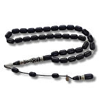 925 Ayar Gümüş Nakkaş İmameli Sistemli Oltu Taşı Tesbih Beyaz Katalin Dolgulu Uçlu Kapsül Kesim