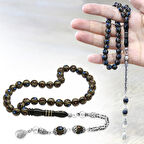 Erzurum Oltu Taşı Tesbih - 925 Ayar Gümüş Kral Püsküllü - Firuze Mercan İşlemeli - Küre Kesim