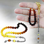 Damla Kehribar Tesbih - 925 Ayar Gümüş Kral - Süzme Sarı Kırmızı Renk - Bilek Boy -  Küre Kesim