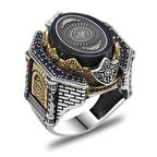 Mavi Kehribar Üzerine Hüsn-i Hat "33 Besmele-i Şerif" Yazılı Kale Tasarım 925 Ayar Gümüş Erkek Yüzük