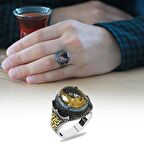 Faset Zultanit Taşlı Yanları Firuze Taş Mıhlamalı Labirent Detaylı 925 Ayar Gümüş Erkek Yüzük