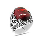 Kırmızı Akik Taşlı Ayyıldız Detaylı 925 Ayar Gümüş Erkek Yüzük