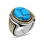 Oval Tasarım Firuze Taşlı Sarmaşık Detaylı 925 Ayar Gümüş Erkek Yüzük