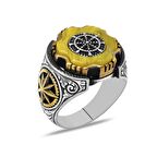 Kehribar Taşlı Pusula Detaylı Dönen Çark Tasarım 925 Ayar Gümüş Erkek Yüzük