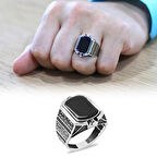 Siyah Oniks Taşlı Çift Taraflı Kişiye Özel İsim Harf Yazılı 925 Ayar Gümüş Erkek Yüzük