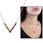 Renkli Zirkon Taşlı V Tasarım 925 Ayar Gümüş Kadın Kolye