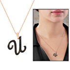 3D Tasarım Siyah Zirkon Taşlı 925 Ayar Gümüş El Yazısı Harf Kolye " U "