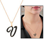 3D Tasarım Siyah Zirkon Taşlı 925 Ayar Gümüş El Yazısı Harf Kolye " V "