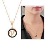 3D Tasarım Siyah Zirkon Taşlı 925 Ayar Gümüş Harf Kolye " V "