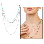 Gümüş Renk Kararmaz Metal Zincirli Firuze-İnci Doğaltaş Kombinasyonlu 3'lü Kadın Kolye