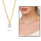 Faset Zirkon Tek Taşlı Gold Renk 925 Ayar Gümüş Kadın Kolye