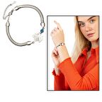 Gümüş Renk Kararmaz Metal Snake Zincirli Çınar Yaprağı Tasarım Nazar Boncuğu Detaylı Kadın Bileklik