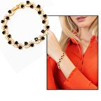 Gold Renk Siyah-Beyaz Zirkon Taşlı Tam Tur Çelik Kadın Bileklik