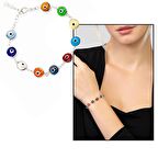 Nazar Boncuğu Detaylı Multicolor Mineli Silver Renk 925 Ayar Gümüş Kadın Bileklik